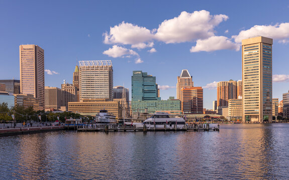 View of Inner Harbor and Downtown Skyline Aerial in Baltimore, MD