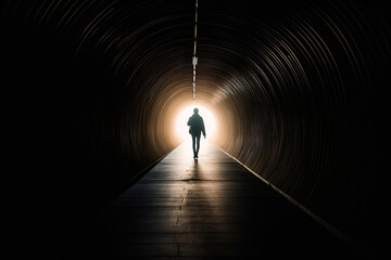 person walking towards to the light at the end of tunnel. AI generative image. - obrazy, fototapety, plakaty