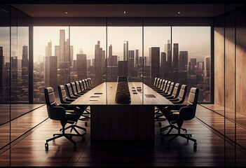 Front view on huge light wooden meeting table surrounded by office chairs on concrete floor in conference room interior design with city skyline view background from panoramic window.. Generative AI