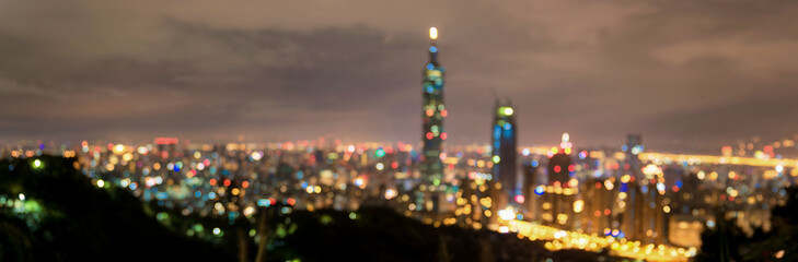 Blurry Taipei Night Cityscape. Taiwan. Background. Panorama Photo.