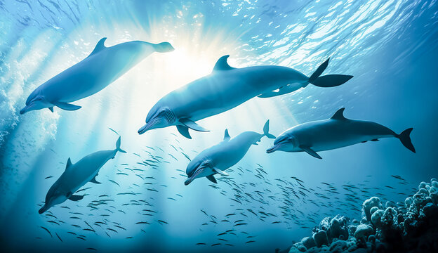 group of dolphins in colorful underwater, AI generative