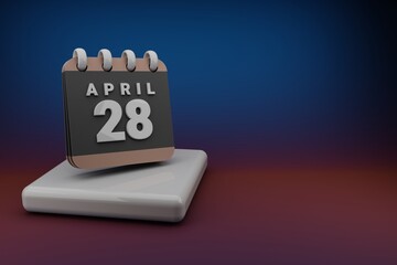 Standing black and red month lined desk calendar with date April 28. Modern design with golden elements, 3d rendering illustration. Blue gray background..