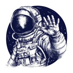 Spaceman waving hello, astronaut illustration © Satoru Sketches