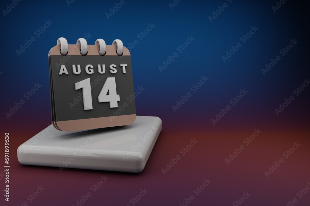 Poster Standing black and red month lined desk calendar with date August 14. Modern design with golden elements, 3d rendering illustration. Blue gray background..