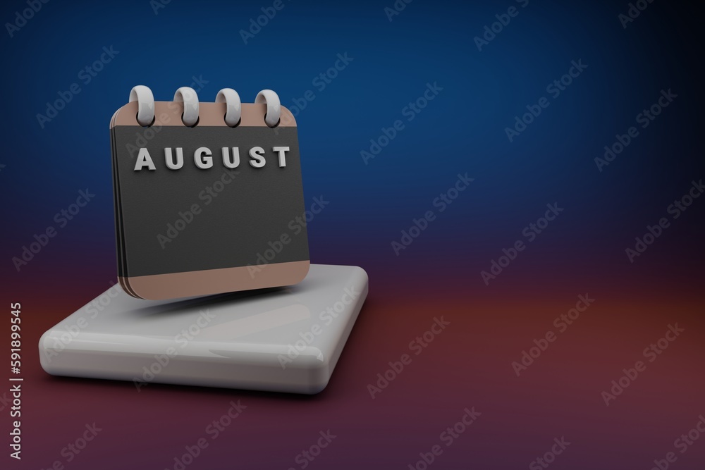 Poster Standing black and red month lined desk calendar with date August. Modern design with golden elements, 3d rendering illustration. Blue gray background..