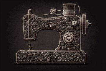 black background with a vintage sewing machine in focus. Generative AI