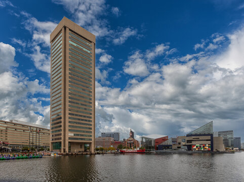 View of Inner Harbor and Downtown Skyline Aerial in Baltimore, MD