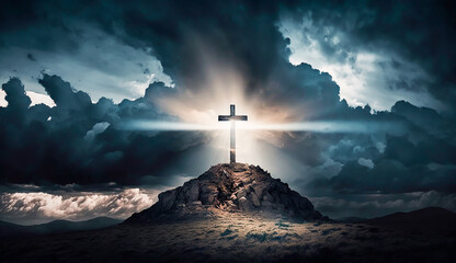 holy cross symbolizing the death and resurrection of Jesus Christ with The sky over Golgotha Hill is shrouded in light and clouds, AI generative