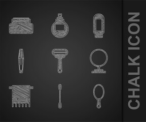 Set Shaving razor, Cotton swab for ears, Hand mirror, Round makeup, Towel hanger, Mascara brush, Cream lotion cosmetic tube and icon. Vector