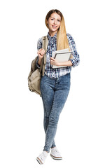 Beautiful student girl standing confident isolated in transparent PNG, Full length studio portrait of smiling young woman with backpack and books