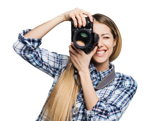 Young woman photographer takes photographs with dslr camera isolated in transparent PNG, Hobby, professional freelance work and active lifestyle concept