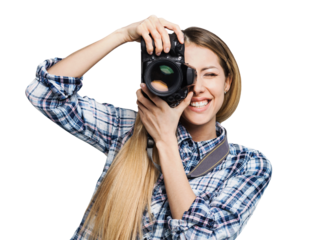 Young woman photographer takes photographs with dslr camera isolated in transparent PNG, Hobby, professional freelance work and active lifestyle concept