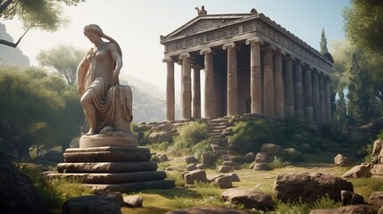Ancient greek temple ruins with statue, Ancient greek civilization. Generative AI - obrazy, fototapety, plakaty