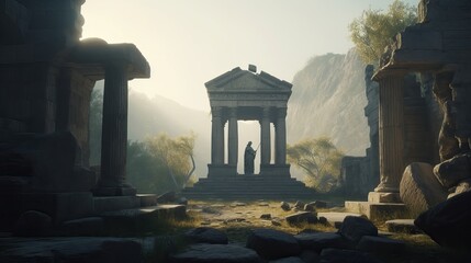 Naklejka premium Ancient greek temple ruins with statue, Ancient greek civilization. Generative AI