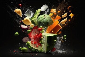 Falling vegetables and cheese on a black background