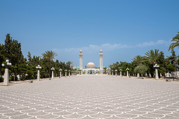 Fototapeta na wymiar The Bourguiba mausoleum in Monastir, Tunisia. It is a monumental grave in Monastir, Tunisia, containing the remains of former president Habib Bourguiba, the father of Tunisian independence