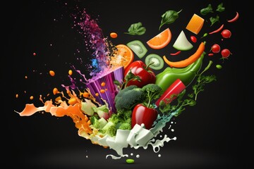 Healthy food concept with fresh vegetables and fruits splashes on black background