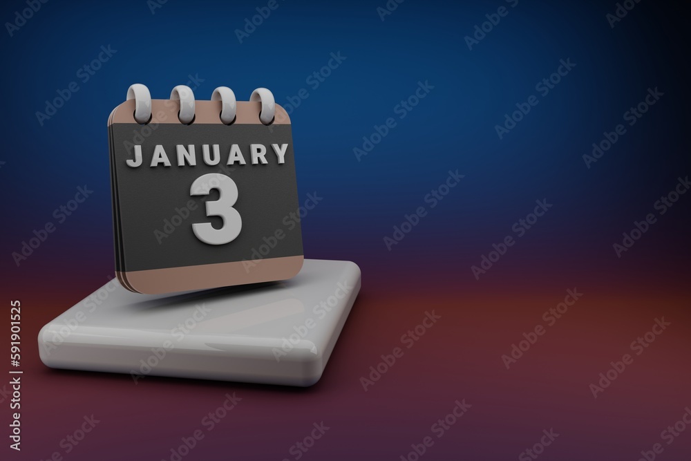 Poster Standing black and red month lined desk calendar with date January  3. Modern design with golden elements, 3d rendering illustration. Blue gray background..