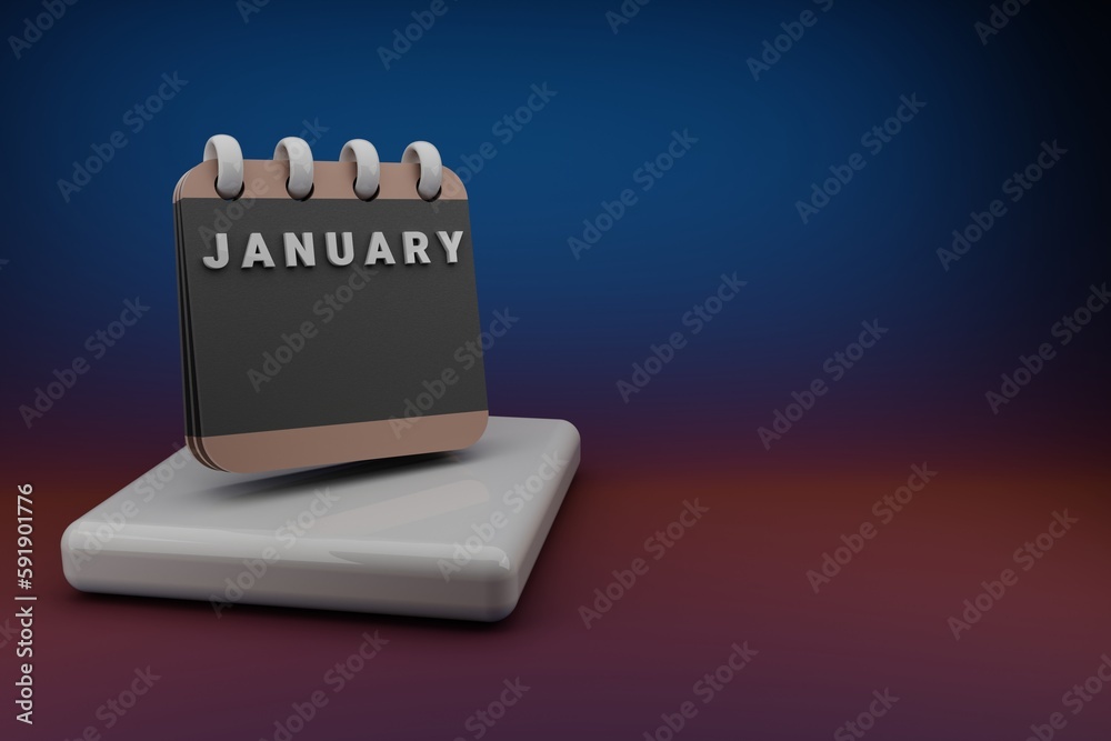 Poster Standing black and red month lined desk calendar with date January. Modern design with golden elements, 3d rendering illustration. Blue gray background..
