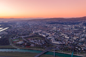 Zagreb Cityscape and Mountains in Background. Croatia. Beautiful Evening Sunset Light