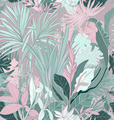 Wallpaper. Seamless tropical leaf pattern. Delicate, luxurious pattern of exotic leaves. - 591901984