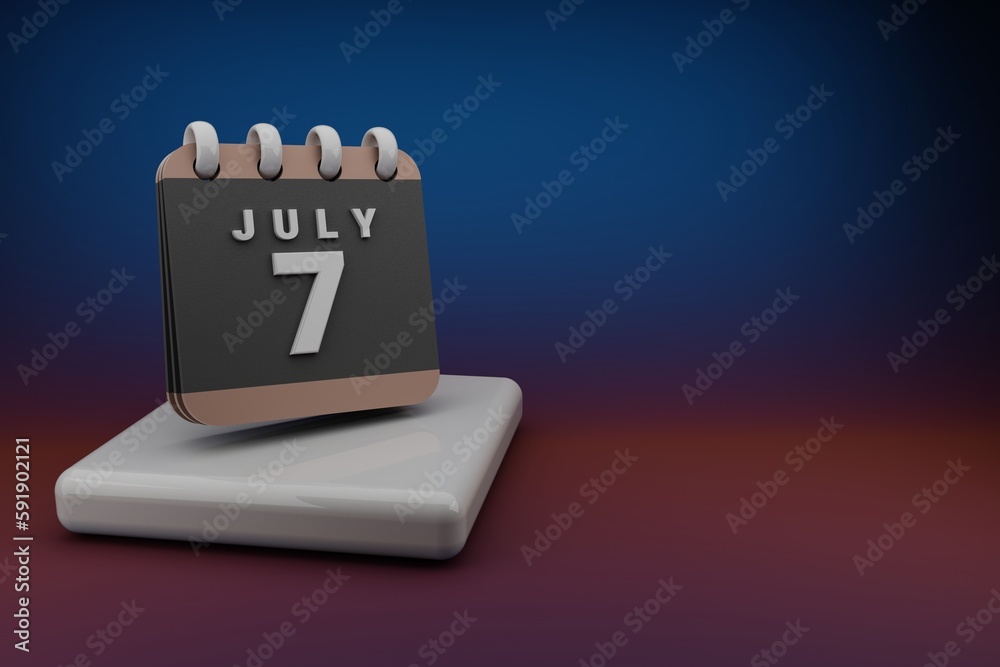 Poster Standing black and red month lined desk calendar with date July 7. Modern design with golden elements, 3d rendering illustration. Blue gray background..