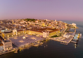 Fototapeta premium Commerce Square at night in Lisbon, Portugal. Palace Yard, Royal Palace of Ribeira. Drone Point of View