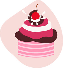 Sweet Pink Cupcake with Cherry and Chocolate. Vector Illustration of Tasty Birthday Dessert and Muffin