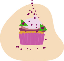 Sweet Pink Cupcake with Berries. Vector Illustration of Tasty Birthday Dessert and Muffin