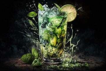 refreshing drink with ice and lime. Generative AI