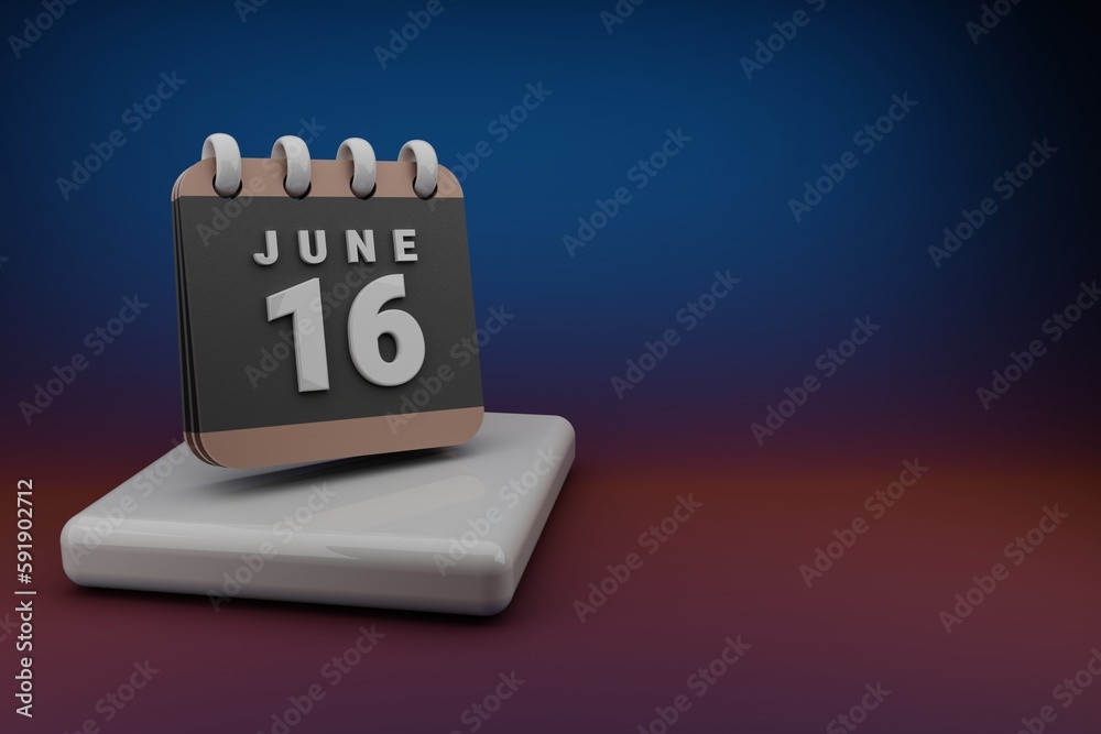 Poster Standing black and red month lined desk calendar with date June 16. Modern design with golden elements, 3d rendering illustration. Blue gray background..