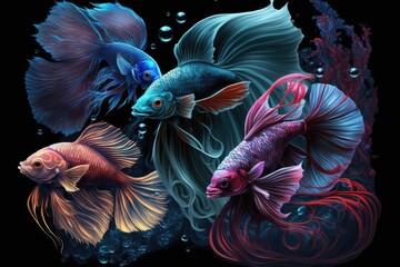 three vibrant fish swimming in a clear blue ocean. Generative AI