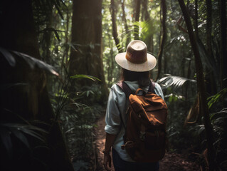 Naklejka premium Woman travelling photo from behind wearing a backpack and beige hat in the jungle, Instagram style, in mountain area, hiking, holiday, green forrest generative AI