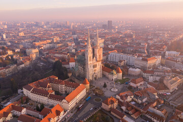 Zagreb Old Town And Cathedral in Background. Sightseeing Place in Croatia. Beautiful Sunset Light.