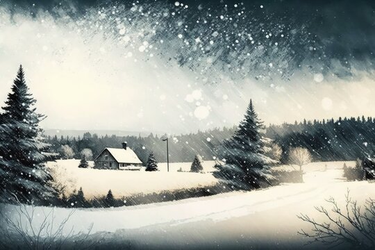 peaceful winter scene featuring a cozy cabin in the snowy mountains. Generative AI