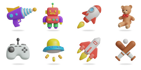 kids toys 3D vector icon set.
space gun,robot toy,rocket,teddy bear,joystick,ufo toy,spaceship,baseball bat - obrazy, fototapety, plakaty