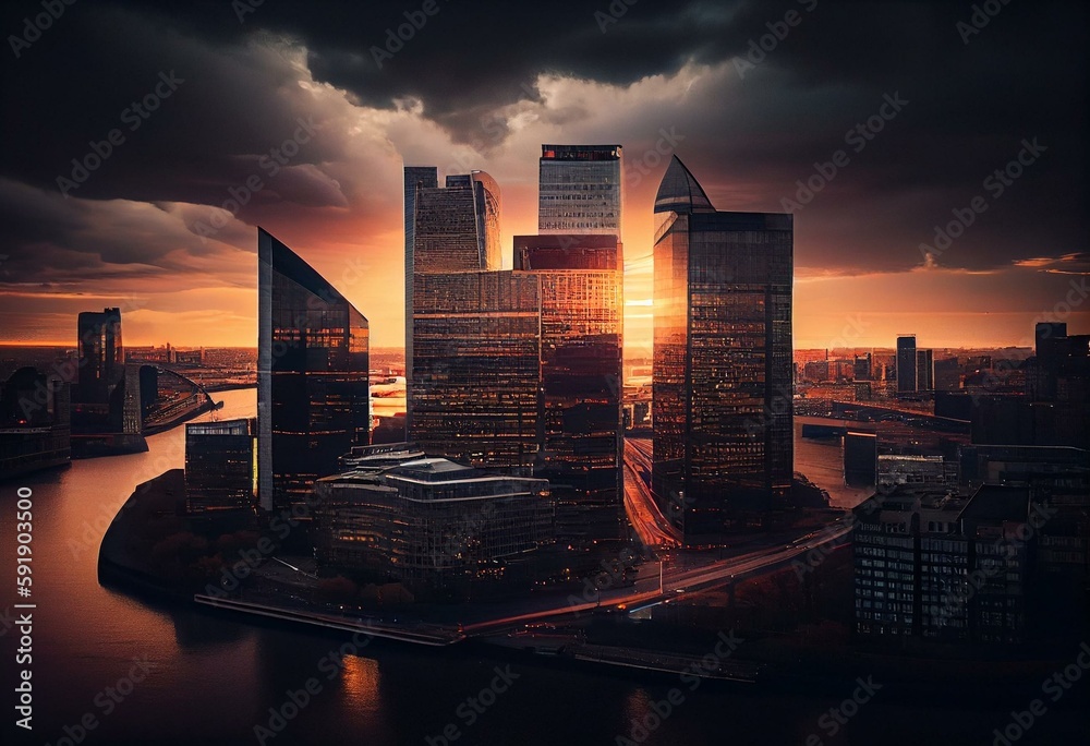 Wall mural der finanzbezirk city von london mit den banken und wolkenkratzern am abend nach sonnenuntergang, gr