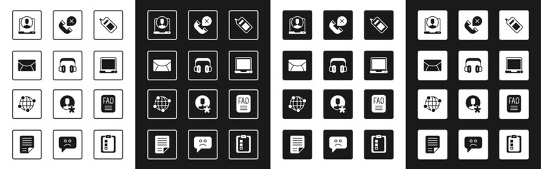 Set Mobile phone, Headphones, Mail and e-mail, Telephone 24 hours support, Laptop, Declined missed call, FAQ information and Global technology icon. Vector