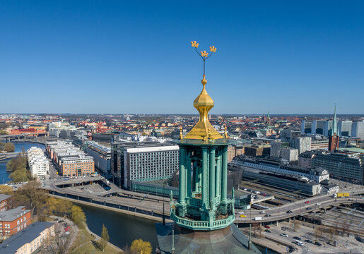 Stockholm City Hall Roof And Golden Crowns On The Top. Sweden. Drone Point Of View