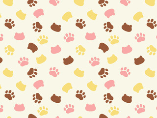 淡いカラーの猫と肉球のシームレスな背景イラスト　イエロー・ブラウンバージョン