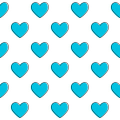 Blue heart shape seamless pattern in diagonal arrangement. Love and romantic theme on white background. Valentine wallpaper.