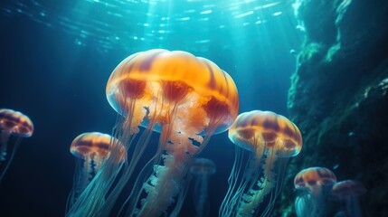 Mystical Oceanic Glow, Enchanting Jellyfish in Underwater World. Generative AI