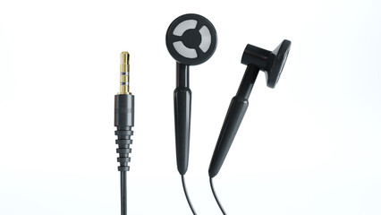 3D render of headphone and black Audio jack cable isolated on white background