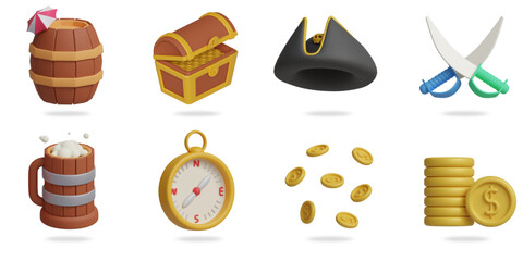 pirate 3D vector icon set.
wooden barrel,treasure chest,pirate hat,pirate sword,wooden drink glasses,compass,coins