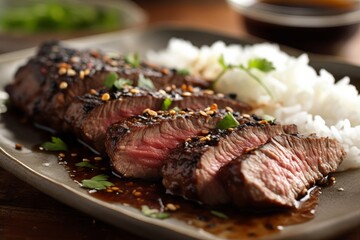 Photo of a delicious plate of steak and rice on a table created with Generative AI technology