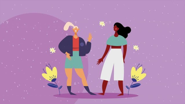 happy young girls with flowers animation