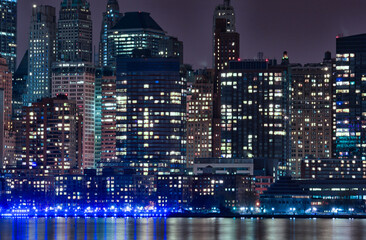 Hudson River and Night Cityscape of New York. Manhattan. NYC, USA. Reflection on Water