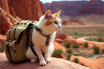 Tourist cat. A cat with a backpack sits on top of a mountain against the backdrop of other mountains.