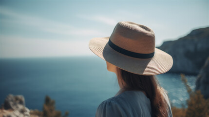 Woman travelling photo from behind wearing a beige straw hat, Instagram style, looking at the sea, ocean, holiday, generative AI