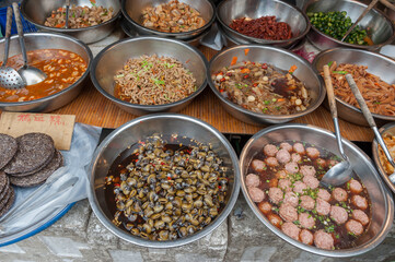 Taipei Street in one of suburb, district. Market Street in Taipei. Selling Food.